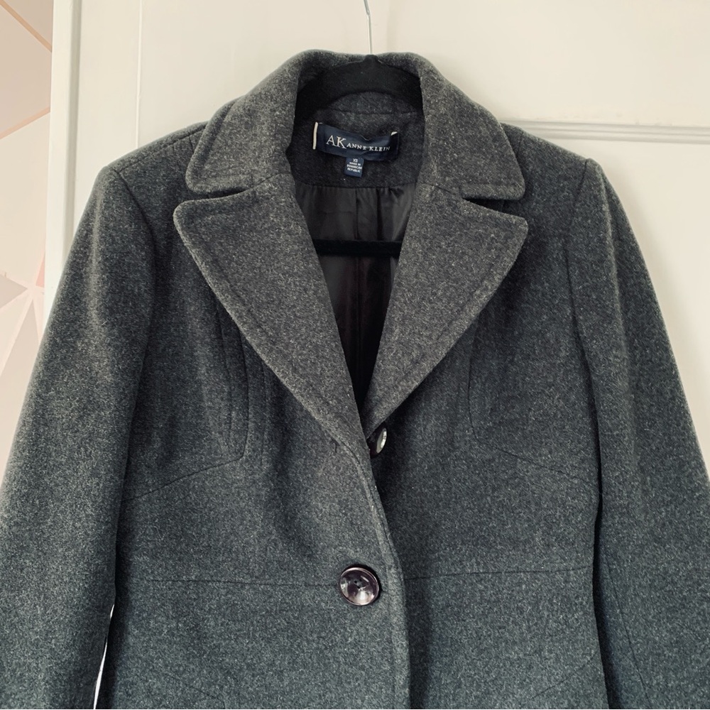 Wool Blend Jacket Grey Mid-Length Single Breasted Coat Anne Klein Extra Small